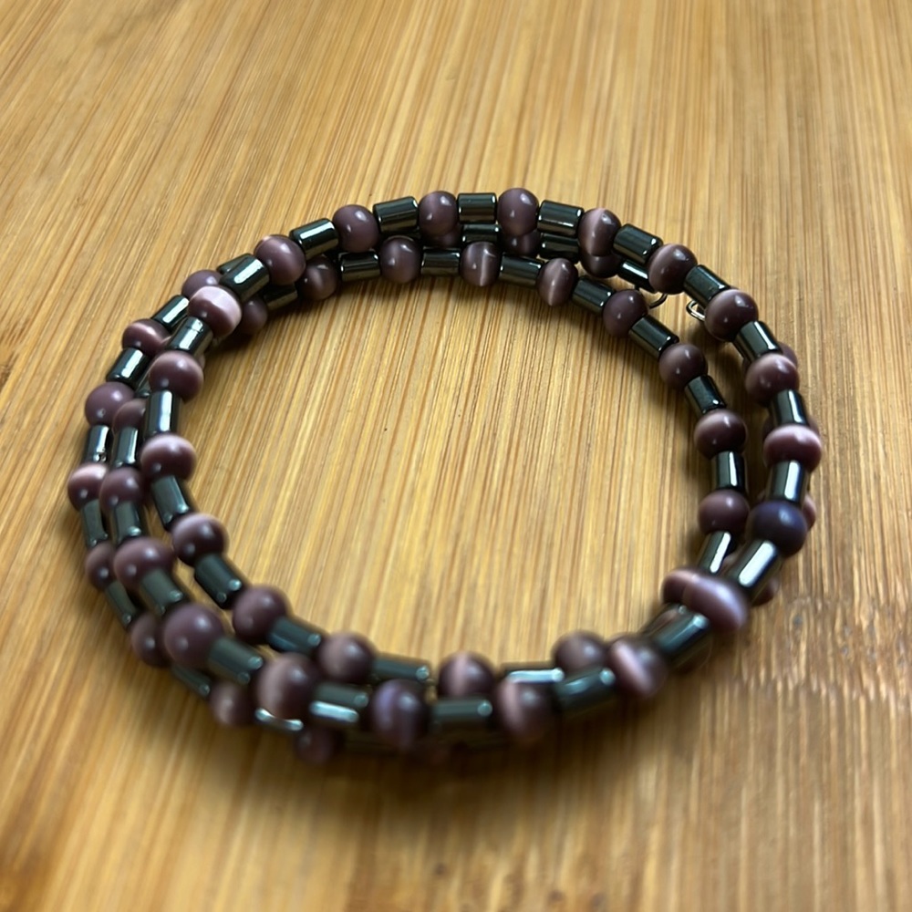 Beaded Wire Wrap Pinkish Plum Colorful Bracelet Metal & Stone Flexible Wire